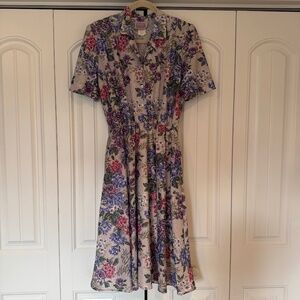 Vintage California Looks 80s Button Front Dress Wildflower Floral Pleated 1980s